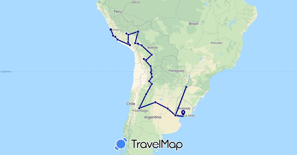 TravelMap itinerary: driving in Argentina, Bolivia, Peru, Uruguay (South America)